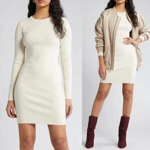 Open Edit Compact Sweater Dress Long Sleeve Rib Knit Bodycon Mini Ivory Dove M